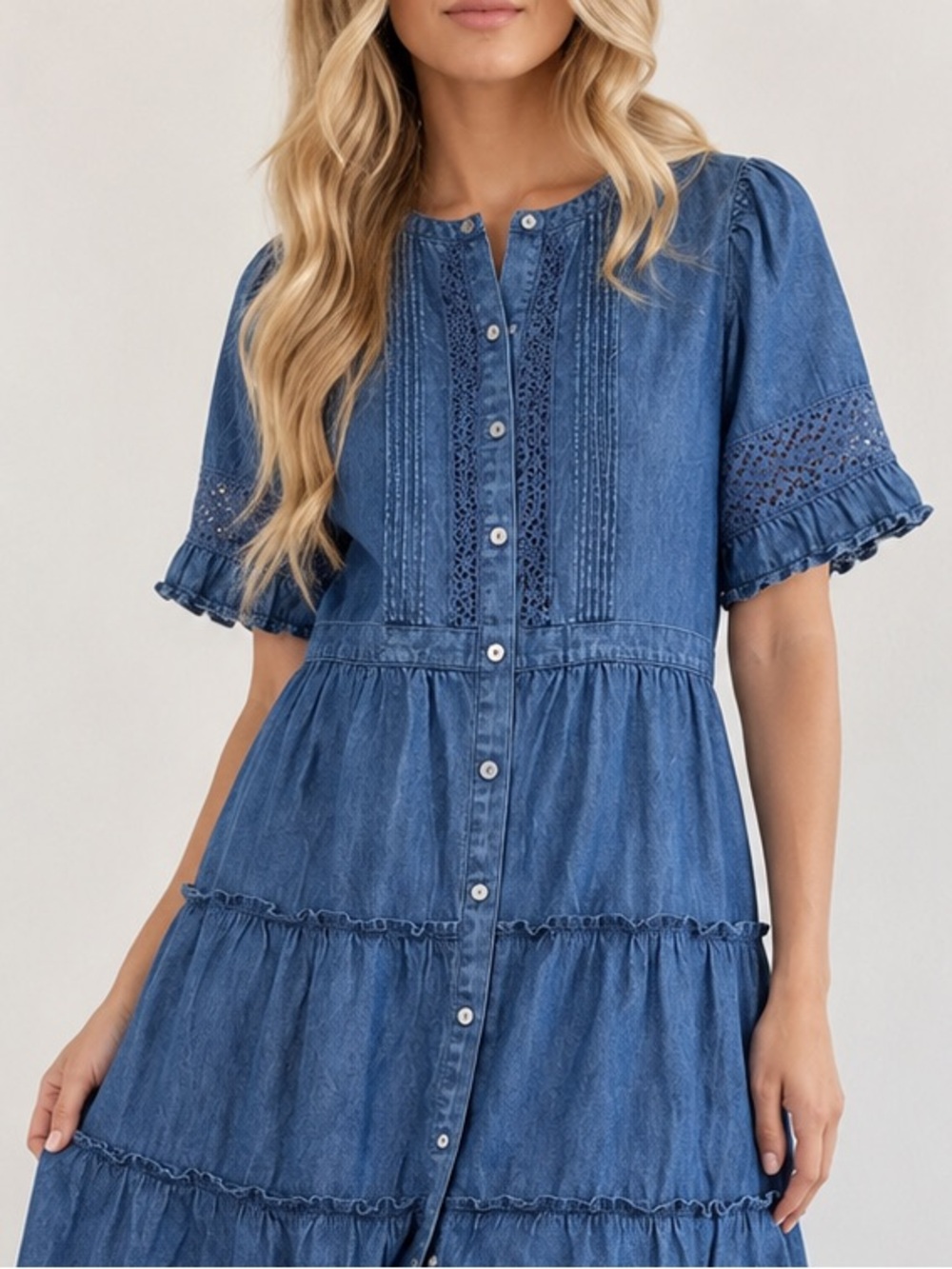 NWT Gap x LoveShackFancy Denim Tiered Midi Dress L Dark Wash Lace Button Front - Picture 7 of 16